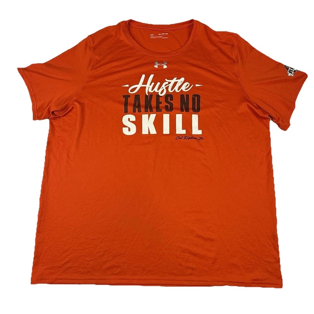 Under Armour Heat Gear T-Shirt Hustle Takes No Skill Cal Ripken Orange Mens 2XL